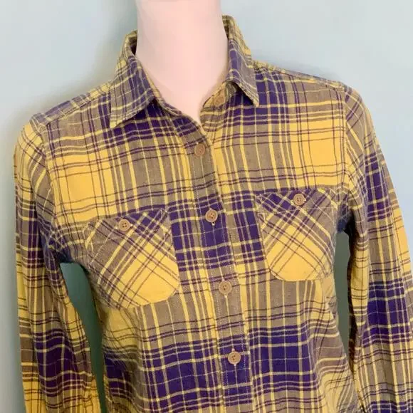 American Eagle Outfitters Yellow and Blue Plaid Flannel Button Down Size 4 - Picture 2 of 8